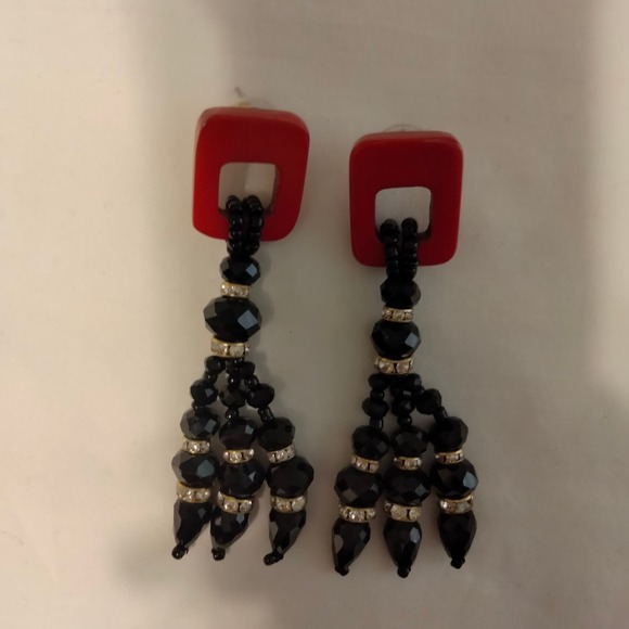 Iris Apfel & Bajalia Black, Red & Clear Rhinestone Tasseled Statement Earrings - Picture 9 of 11